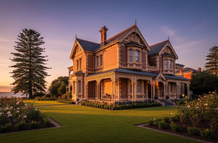 Dramatic sunset over a beautifully preserved Victorian-era home in Hampton, showcasing intricate architectural details and the coastal light, perfect for Hampton Victorian Coastal Architecture Photography Services portfolio.