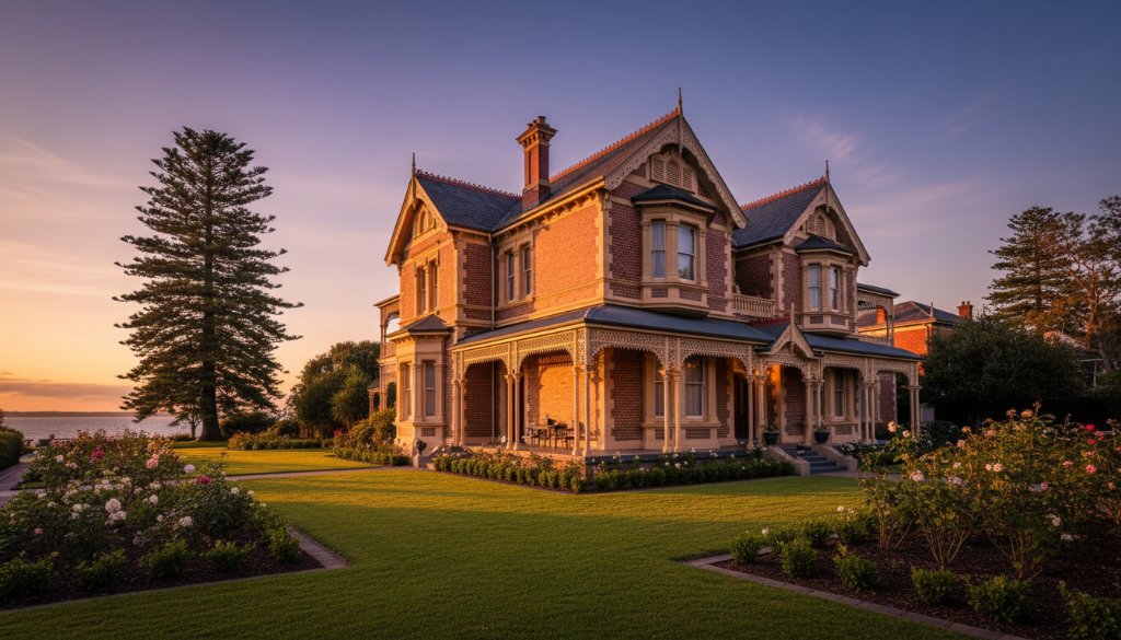 Dramatic sunset over a beautifully preserved Victorian-era home in Hampton, showcasing intricate architectural details and the coastal light, perfect for Hampton Victorian Coastal Architecture Photography Services portfolio.