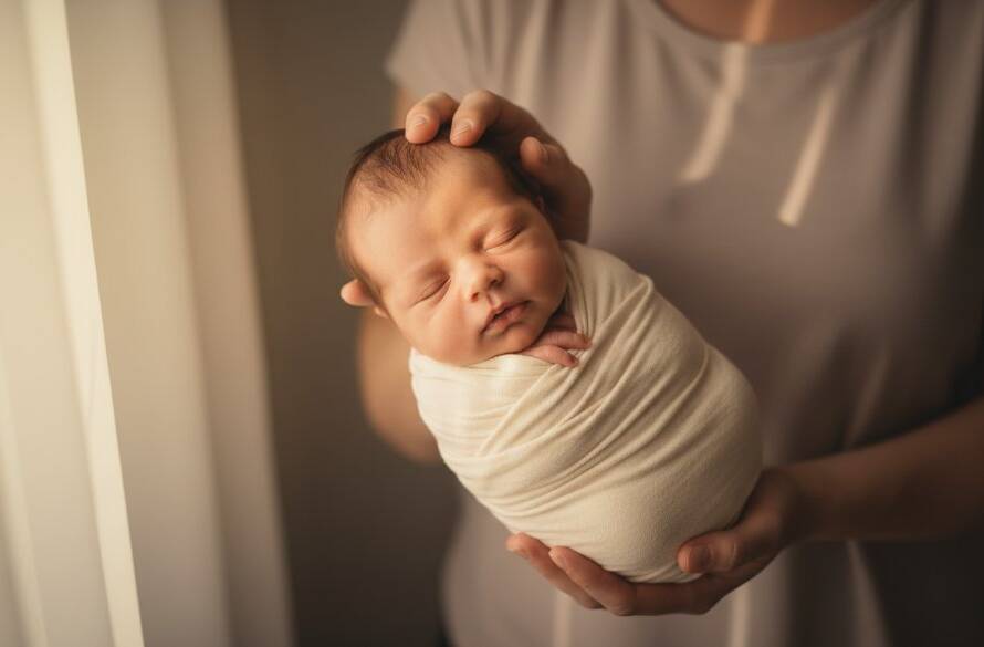 An exquisite close-up of a newborn baby's tiny foot being gently held by a parent's hand, bathed in soft, warm window light, evoking heartfelt baby photography Albanvale Victoria memories and the tender bond of family.