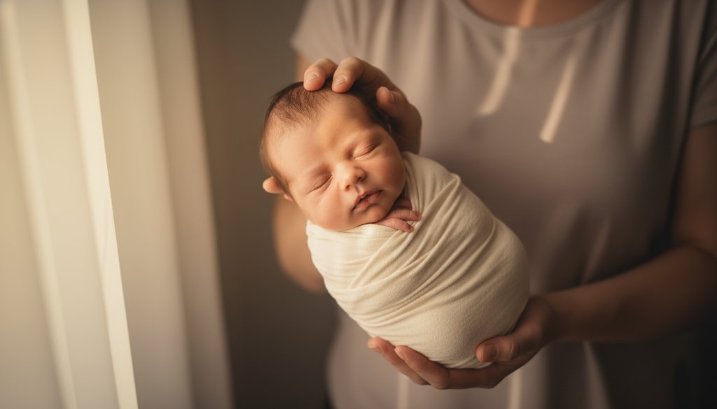 An exquisite close-up of a newborn baby's tiny foot being gently held by a parent's hand, bathed in soft, warm window light, evoking heartfelt baby photography Albanvale Victoria memories and the tender bond of family.