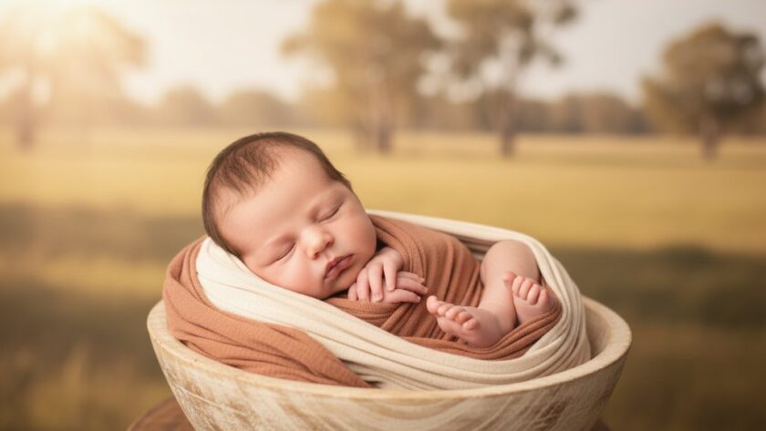 An emotionally stunning, professionally color-graded photograph capturing heartfelt baby photography Mooroopna Victoria, featuring a newborn baby wrapped in a soft blanket, gently held in a parent's hands, with warm, golden hour light filtering through eucalyptus trees in the background, creating a serene and timeless 'epic moment'.