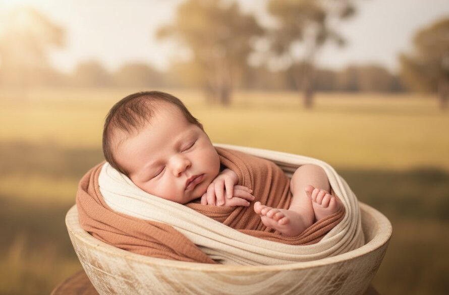 An emotionally stunning, professionally color-graded photograph capturing heartfelt baby photography Mooroopna Victoria, featuring a newborn baby wrapped in a soft blanket, gently held in a parent's hands, with warm, golden hour light filtering through eucalyptus trees in the background, creating a serene and timeless 'epic moment'.