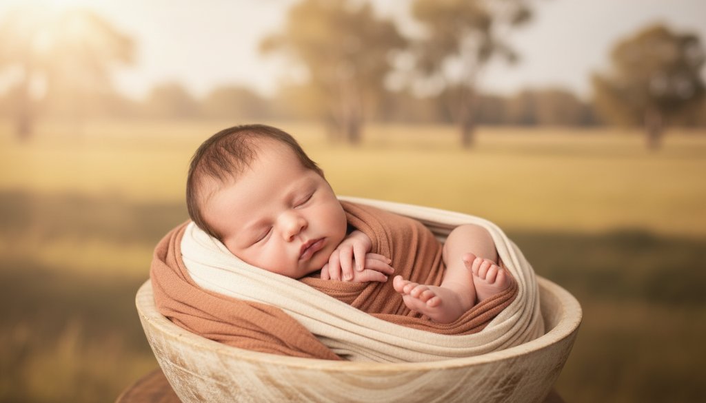 An emotionally stunning, professionally color-graded photograph capturing heartfelt baby photography Mooroopna Victoria, featuring a newborn baby wrapped in a soft blanket, gently held in a parent's hands, with warm, golden hour light filtering through eucalyptus trees in the background, creating a serene and timeless 'epic moment'.
