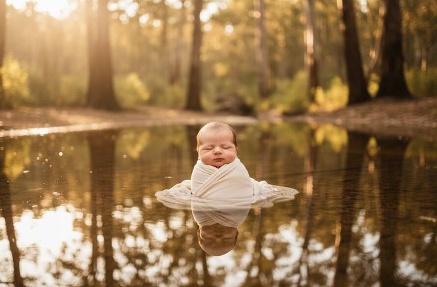 A warm, ethereal, professional photograph of a serene newborn baby wrapped in a soft blanket, gently held by parents' hands in a sun-drenched, rustic outdoor setting near the tranquil bushland of Park Orchards, Victoria, representing a heartfelt baby photoshoot in Park Orchards Victoria.