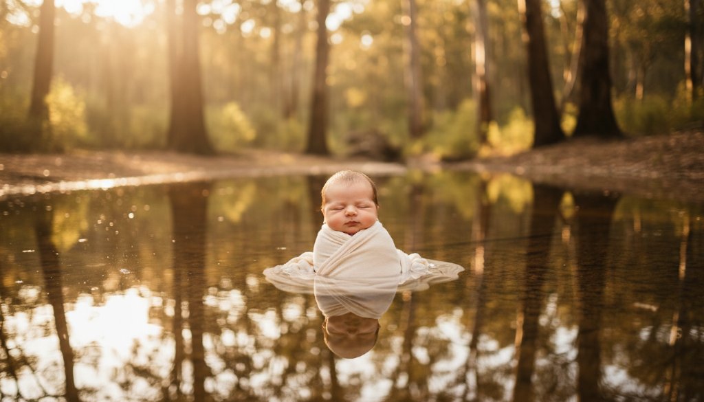 A warm, ethereal, professional photograph of a serene newborn baby wrapped in a soft blanket, gently held by parents' hands in a sun-drenched, rustic outdoor setting near the tranquil bushland of Park Orchards, Victoria, representing a heartfelt baby photoshoot in Park Orchards Victoria.