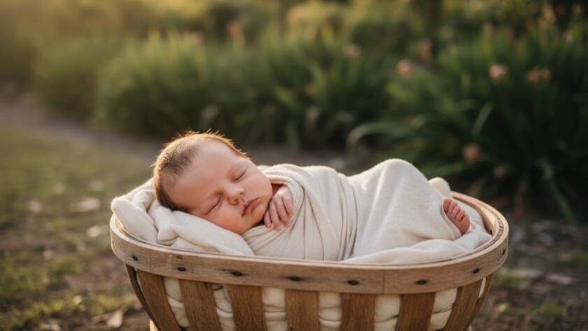A tender, golden-hour photograph showcasing heartfelt Bayswater North newborn photography, featuring a sleeping baby nestled peacefully in a rustic wooden basket, with parents' hands gently cradling, all set against a soft, sun-drenched natural backdrop hinting at Bayswater North's serene parks, captured with cinematic lighting and professional warmth.