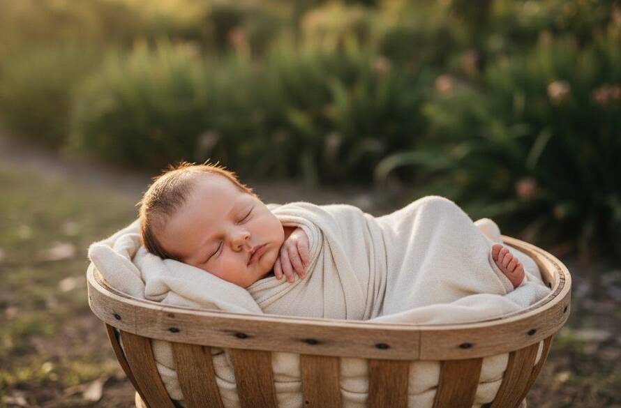 A tender, golden-hour photograph showcasing heartfelt Bayswater North newborn photography, featuring a sleeping baby nestled peacefully in a rustic wooden basket, with parents' hands gently cradling, all set against a soft, sun-drenched natural backdrop hinting at Bayswater North's serene parks, captured with cinematic lighting and professional warmth.