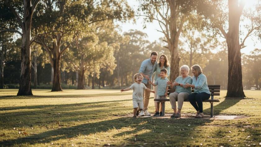 A heartwarming, professionally colour-graded photograph showcasing authentic Burnside candid photography Melbourne, featuring a family laughing joyously amidst the natural beauty of a local Burnside park at golden hour, capturing a genuine, unposed interaction with dramatic, soft lighting.