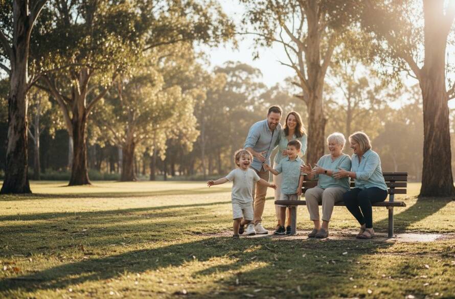 A heartwarming, professionally colour-graded photograph showcasing authentic Burnside candid photography Melbourne, featuring a family laughing joyously amidst the natural beauty of a local Burnside park at golden hour, capturing a genuine, unposed interaction with dramatic, soft lighting.