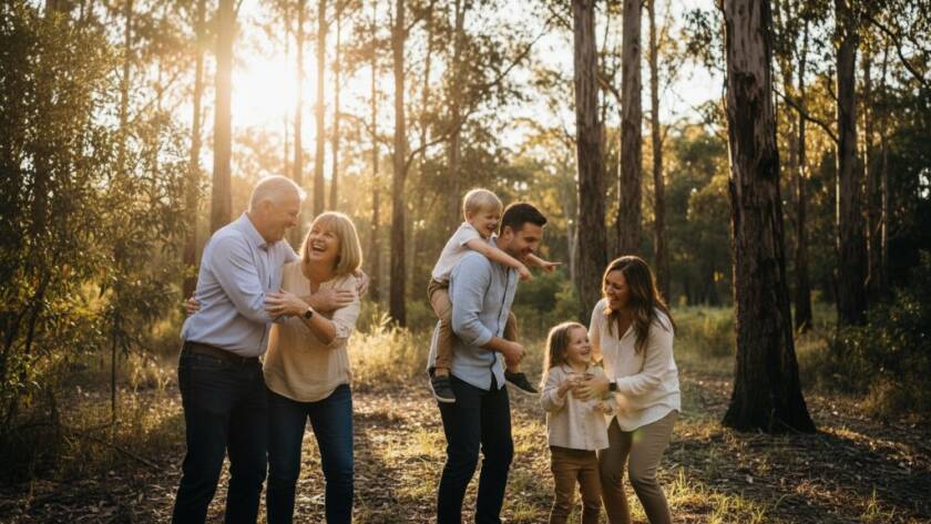 A stunning, professional photograph capturing heartfelt candid family moments Croydon Hills: a family laughing joyfully under the golden hour light at Candlebark Walk, embracing each other warmly, with lush Australian bushland in the soft background. The image is expertly composed with dramatic natural lighting and rich, warm colour grading.