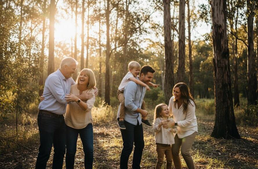 A stunning, professional photograph capturing heartfelt candid family moments Croydon Hills: a family laughing joyfully under the golden hour light at Candlebark Walk, embracing each other warmly, with lush Australian bushland in the soft background. The image is expertly composed with dramatic natural lighting and rich, warm colour grading.