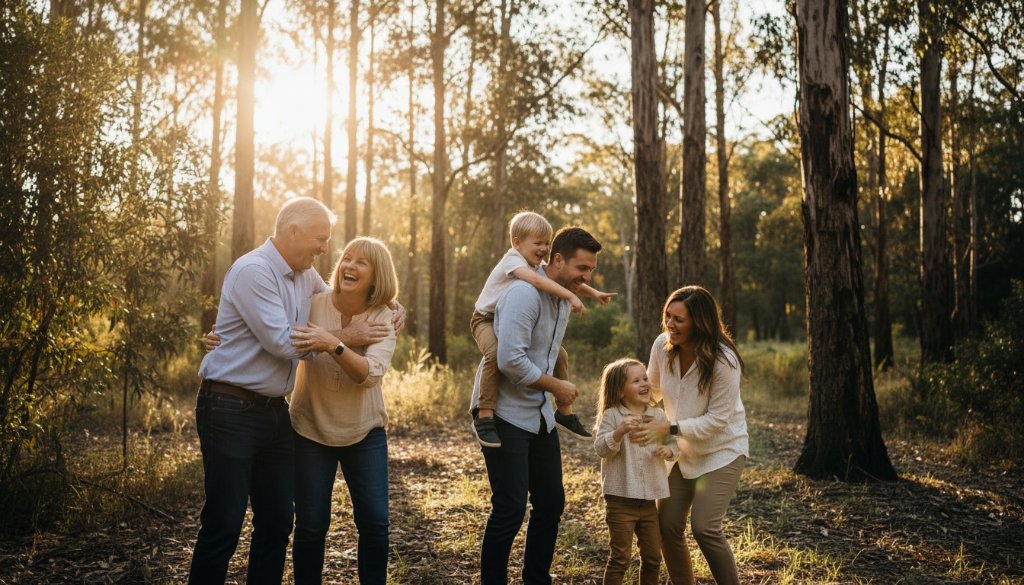 A stunning, professional photograph capturing heartfelt candid family moments Croydon Hills: a family laughing joyfully under the golden hour light at Candlebark Walk, embracing each other warmly, with lush Australian bushland in the soft background. The image is expertly composed with dramatic natural lighting and rich, warm colour grading.