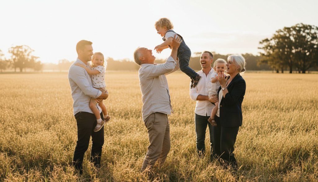 A heartwarming, sun-drenched photograph capturing genuine laughter between a family during heartfelt candid family moments in Huntly VIC, with the golden fields of regional Victoria in the background, conveying pure joy and connection. Professional color grading enhances the natural warmth.