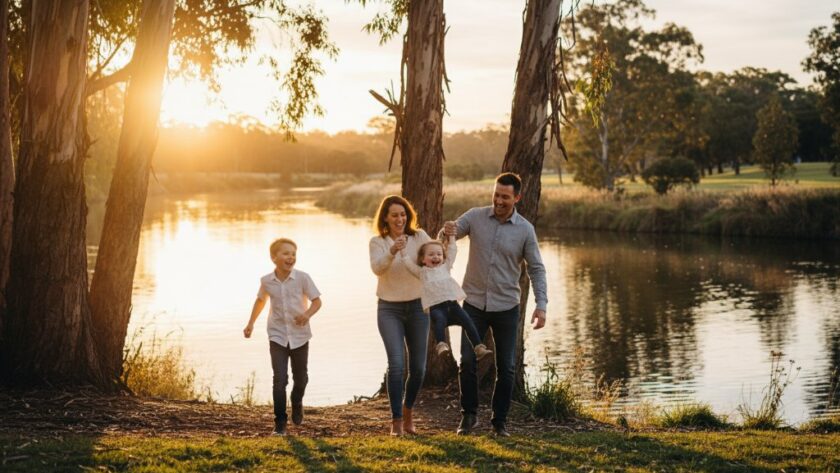 A heartfelt candid family photography South Geelong moment, capturing genuine laughter and connection as parents embrace their children by the Barwon River at sunset, dramatic golden hour lighting.