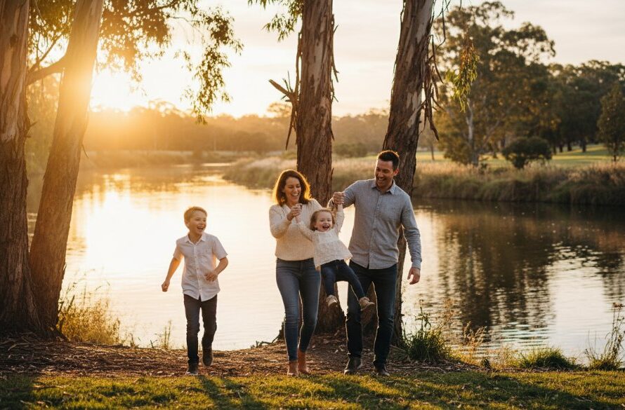 A heartfelt candid family photography South Geelong moment, capturing genuine laughter and connection as parents embrace their children by the Barwon River at sunset, dramatic golden hour lighting.