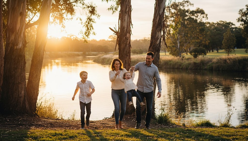 A heartfelt candid family photography South Geelong moment, capturing genuine laughter and connection as parents embrace their children by the Barwon River at sunset, dramatic golden hour lighting.