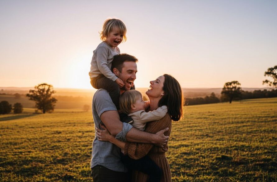An emotionally charged candid shot captured in Brown Hill Victoria, showcasing a family's joyous laughter amidst the natural beauty of the area, embodying heartfelt candid photography.