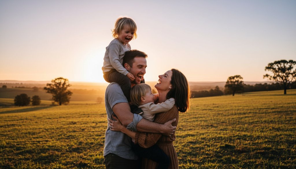 An emotionally charged candid shot captured in Brown Hill Victoria, showcasing a family's joyous laughter amidst the natural beauty of the area, embodying heartfelt candid photography.