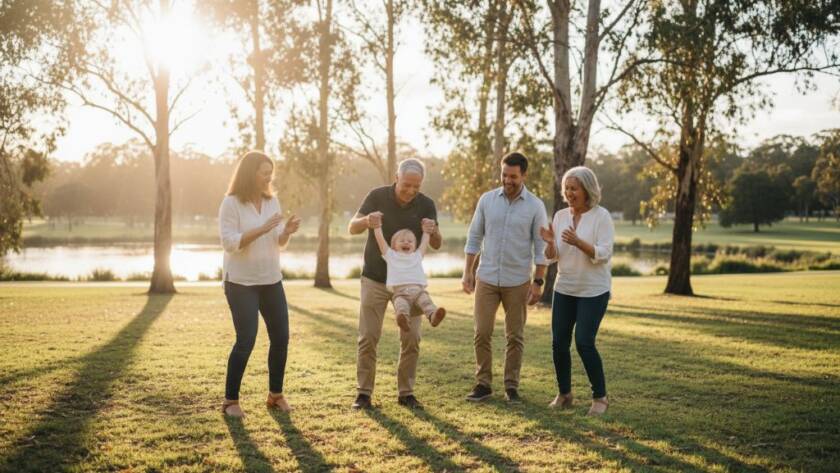 A genuine, heartwarming moment captured in an outdoor setting in Doncaster East, Victoria. A family laughing together, looking candid and joyful, with soft, natural light filtering through trees, creating an 'epic moment' for heartfelt candid photography sessions Doncaster East Victoria.