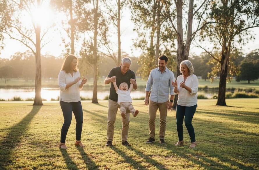 A genuine, heartwarming moment captured in an outdoor setting in Doncaster East, Victoria. A family laughing together, looking candid and joyful, with soft, natural light filtering through trees, creating an 'epic moment' for heartfelt candid photography sessions Doncaster East Victoria.