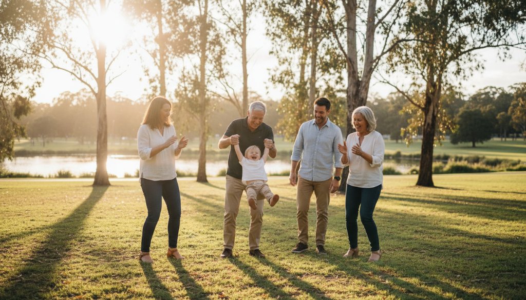 A genuine, heartwarming moment captured in an outdoor setting in Doncaster East, Victoria. A family laughing together, looking candid and joyful, with soft, natural light filtering through trees, creating an 'epic moment' for heartfelt candid photography sessions Doncaster East Victoria.