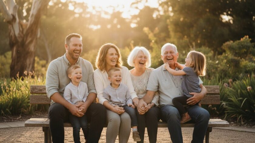 A heartwarming, sun-drenched moment of a family laughing genuinely in a Stawell park, expertly captured through heartfelt candid photography Stawell Victoria, showcasing authentic joy and connection with dramatic, golden hour lighting and professional colour grading.
