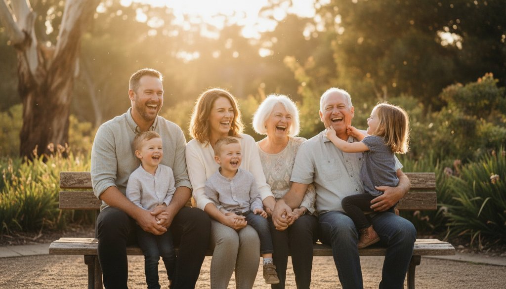 A heartwarming, sun-drenched moment of a family laughing genuinely in a Stawell park, expertly captured through heartfelt candid photography Stawell Victoria, showcasing authentic joy and connection with dramatic, golden hour lighting and professional colour grading.