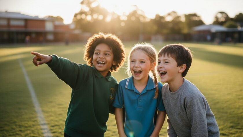 A vibrant, professionally colour-graded photograph of a group of excited primary school children in Dennington, sharing heartfelt Dennington school photography moments captured as they laugh and pose naturally on their school oval with the sun setting, creating a warm glow.