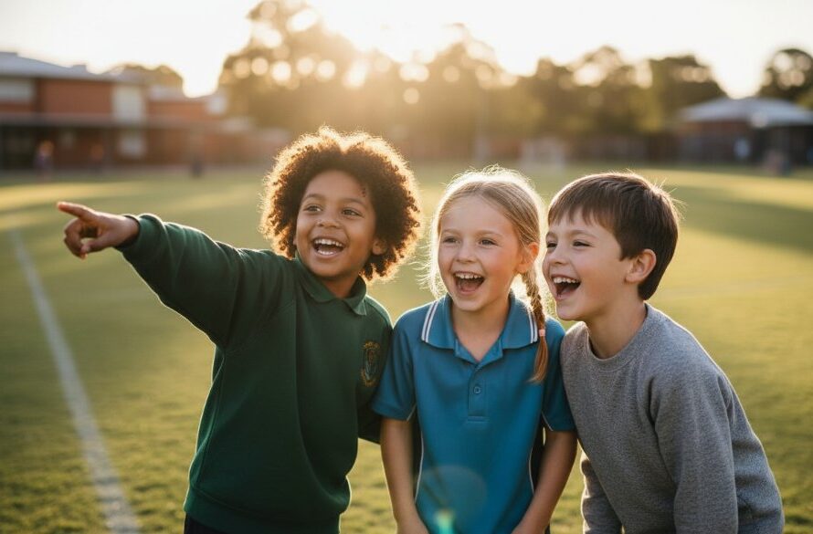 A vibrant, professionally colour-graded photograph of a group of excited primary school children in Dennington, sharing heartfelt Dennington school photography moments captured as they laugh and pose naturally on their school oval with the sun setting, creating a warm glow.