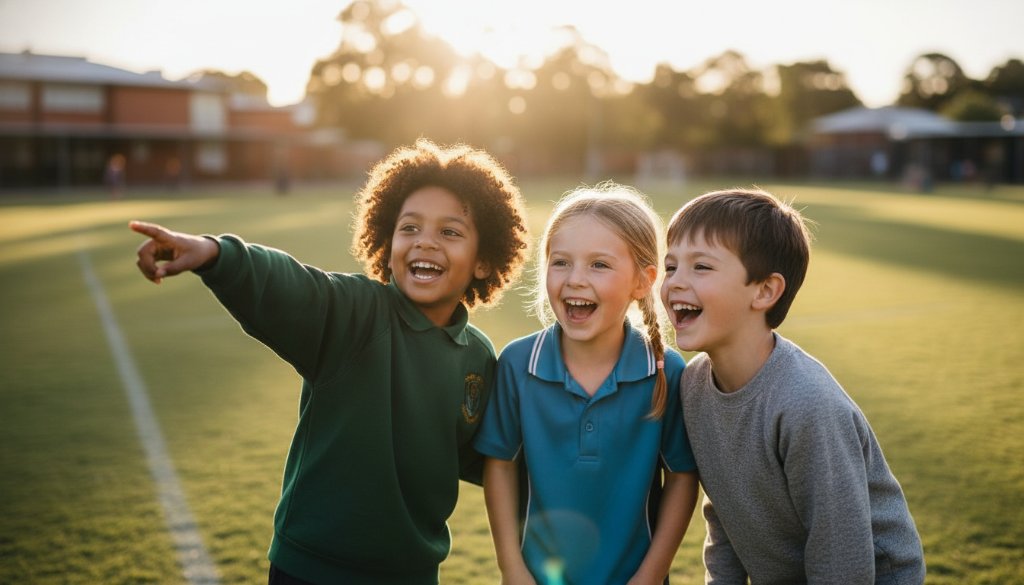 A vibrant, professionally colour-graded photograph of a group of excited primary school children in Dennington, sharing heartfelt Dennington school photography moments captured as they laugh and pose naturally on their school oval with the sun setting, creating a warm glow.