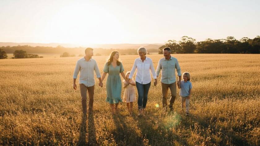 A family joyfully embracing during heartfelt family photo sessions Scoresby, Victoria, at sunset in a vibrant park, golden light casting long shadows, capturing an epic, genuine moment of connection.