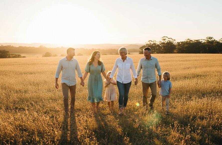 A family joyfully embracing during heartfelt family photo sessions Scoresby, Victoria, at sunset in a vibrant park, golden light casting long shadows, capturing an epic, genuine moment of connection.