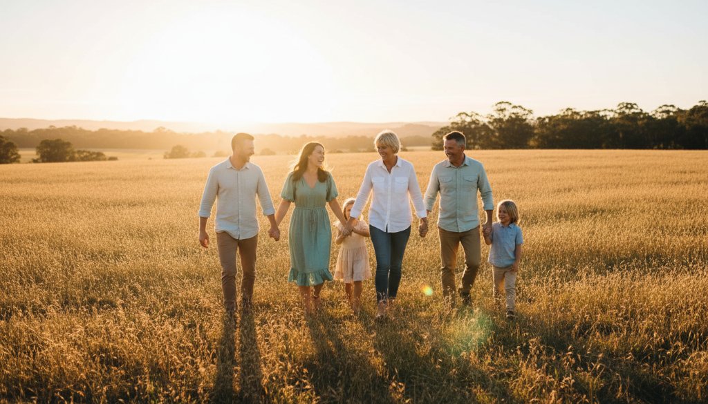 A family joyfully embracing during heartfelt family photo sessions Scoresby, Victoria, at sunset in a vibrant park, golden light casting long shadows, capturing an epic, genuine moment of connection.