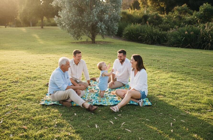 An Ashwood family shares a heartfelt laugh during an outdoor photoshoot, bathed in golden hour light. The parents embrace their two young children, capturing a beautiful, candid moment of pure joy and connection amidst lush parkland, epitomising heartfelt family photography Ashwood parks.