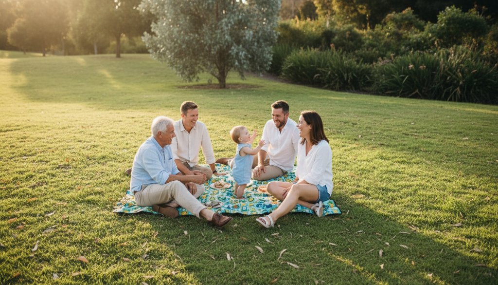 An Ashwood family shares a heartfelt laugh during an outdoor photoshoot, bathed in golden hour light. The parents embrace their two young children, capturing a beautiful, candid moment of pure joy and connection amidst lush parkland, epitomising heartfelt family photography Ashwood parks.