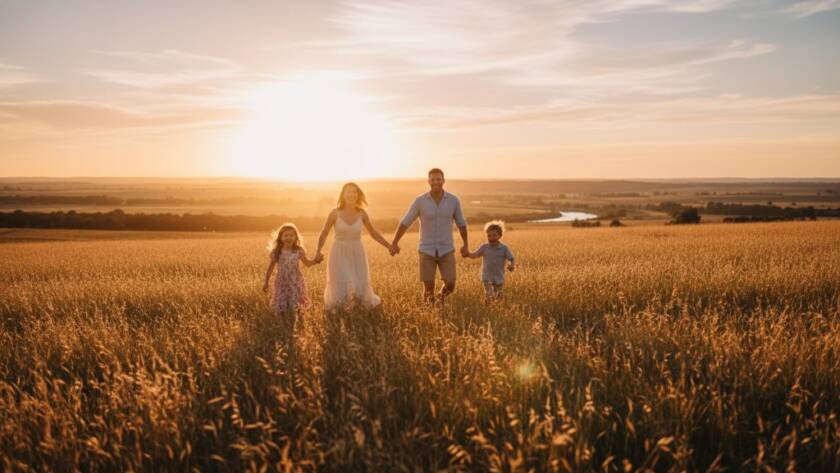 An epic wide shot capturing a family of four, parents laughing as their two young children run towards them across a golden field at sunset, embodying heartfelt family photography Exford Victoria's scenic outdoors.