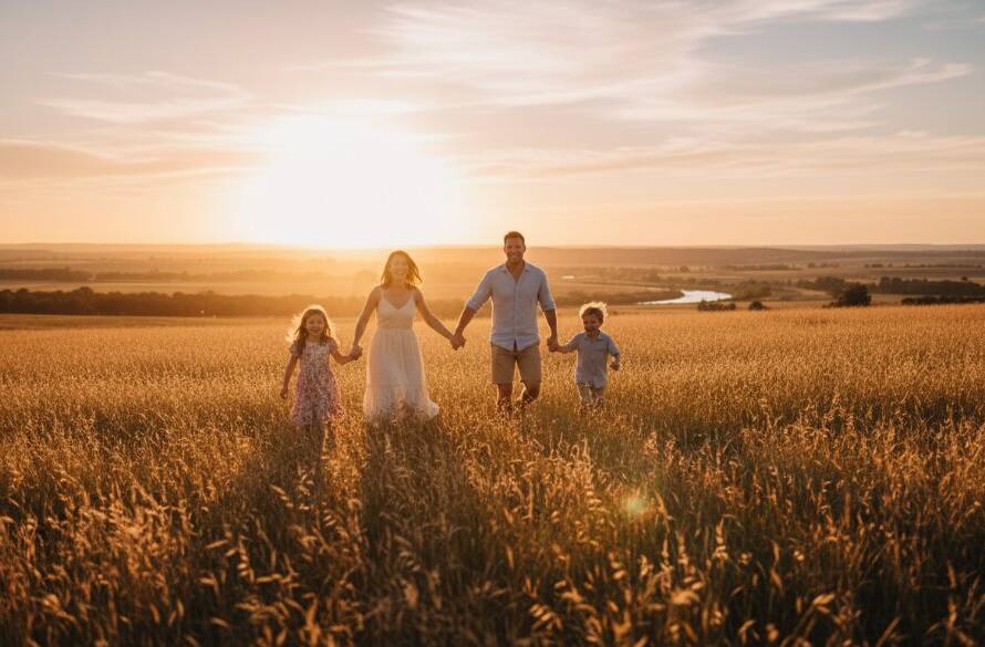 An epic wide shot capturing a family of four, parents laughing as their two young children run towards them across a golden field at sunset, embodying heartfelt family photography Exford Victoria's scenic outdoors.