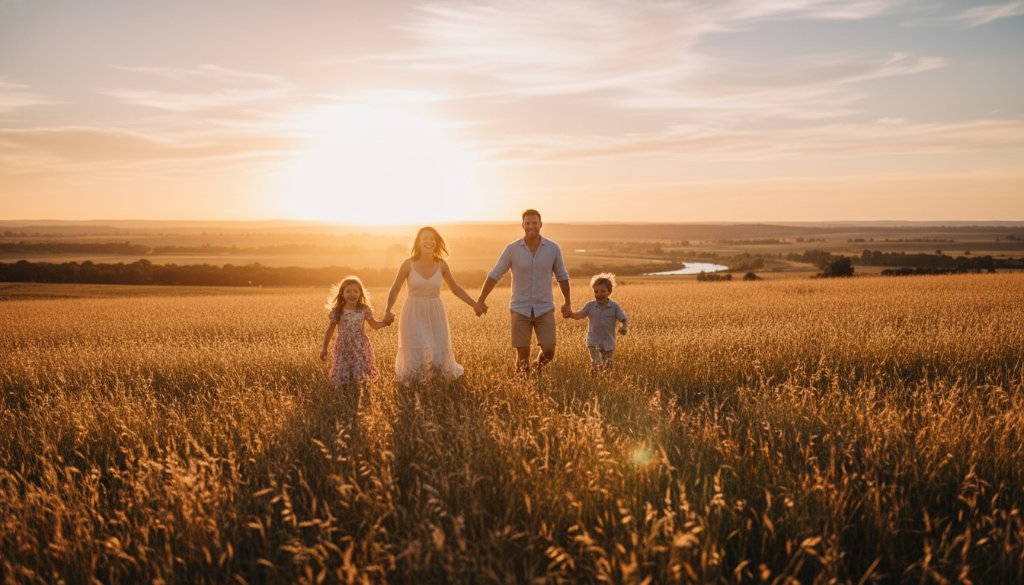 An epic wide shot capturing a family of four, parents laughing as their two young children run towards them across a golden field at sunset, embodying heartfelt family photography Exford Victoria's scenic outdoors.