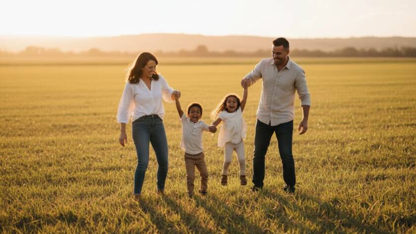 A heartwarming, sun-drenched image of a family laughing joyfully in a sprawling Koo Wee Rup field at golden hour, embodying heartfelt family photography Koo Wee Rup genuine moments, with parents lifting a child high against a dramatic sunset sky.