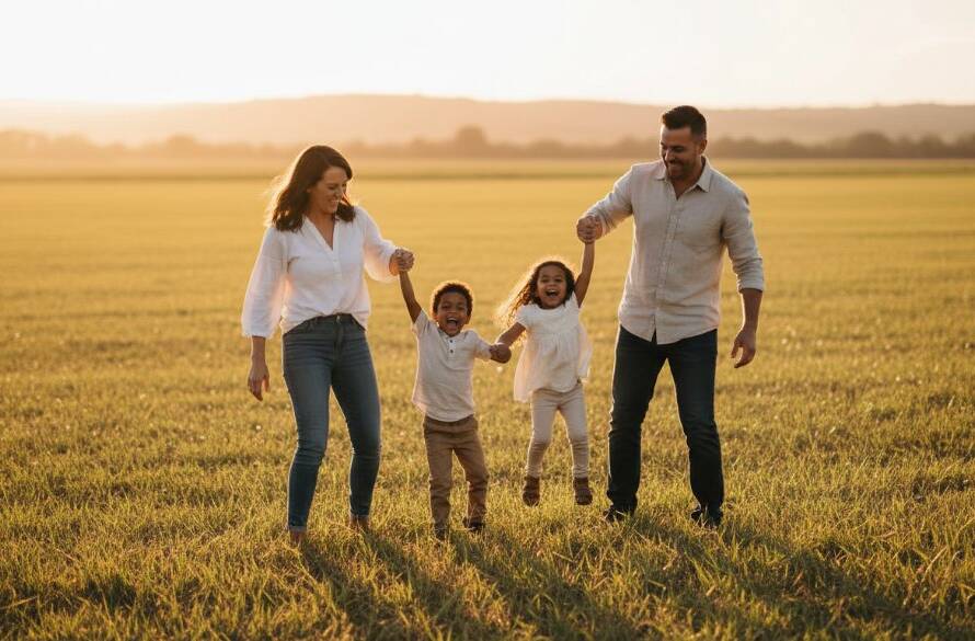 A heartwarming, sun-drenched image of a family laughing joyfully in a sprawling Koo Wee Rup field at golden hour, embodying heartfelt family photography Koo Wee Rup genuine moments, with parents lifting a child high against a dramatic sunset sky.