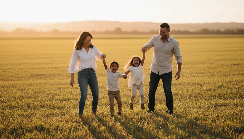 A heartwarming, sun-drenched image of a family laughing joyfully in a sprawling Koo Wee Rup field at golden hour, embodying heartfelt family photography Koo Wee Rup genuine moments, with parents lifting a child high against a dramatic sunset sky.