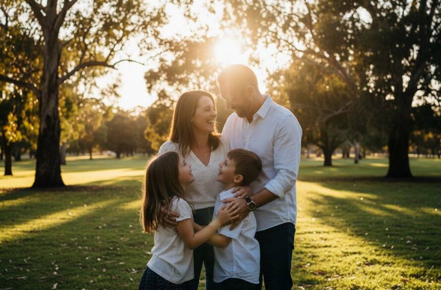 An epic, emotionally resonant photograph capturing heartfelt family photography in Noble Park North. A family of four, parents embracing two laughing children, silhouetted against a golden hour sunset over a beautiful parkland, showcasing authentic memories and genuine joy. Professional color grading and dramatic lighting.