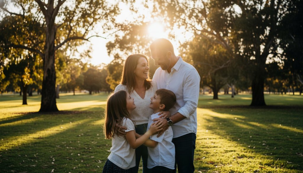 An epic, emotionally resonant photograph capturing heartfelt family photography in Noble Park North. A family of four, parents embracing two laughing children, silhouetted against a golden hour sunset over a beautiful parkland, showcasing authentic memories and genuine joy. Professional color grading and dramatic lighting.