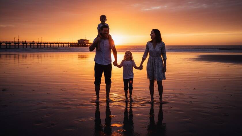 An epic moment captured during a heartfelt family photography Parkdale beach sunset session, showing a family silhouetted against a golden sky, laughing and running by the water's edge, with the iconic Parkdale jetty faintly visible.