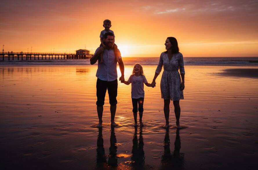 An epic moment captured during a heartfelt family photography Parkdale beach sunset session, showing a family silhouetted against a golden sky, laughing and running by the water's edge, with the iconic Parkdale jetty faintly visible.