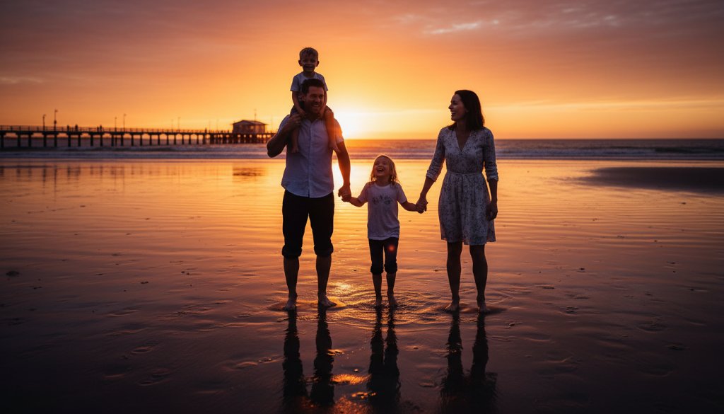 An epic moment captured during a heartfelt family photography Parkdale beach sunset session, showing a family silhouetted against a golden sky, laughing and running by the water's edge, with the iconic Parkdale jetty faintly visible.