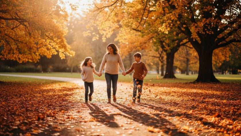 An epic moment of heartfelt family photography Ringwood Victoria, featuring a family laughing joyfully while walking hand-in-hand through the autumn leaves at Ringwood Lake Park, bathed in golden hour sunlight, captured with professional depth and colour grading.