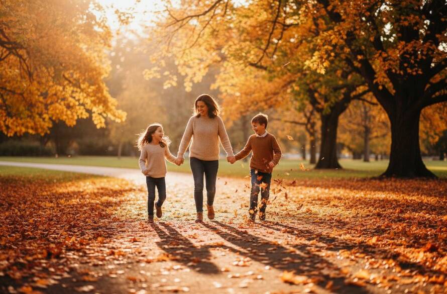 An epic moment of heartfelt family photography Ringwood Victoria, featuring a family laughing joyfully while walking hand-in-hand through the autumn leaves at Ringwood Lake Park, bathed in golden hour sunlight, captured with professional depth and colour grading.