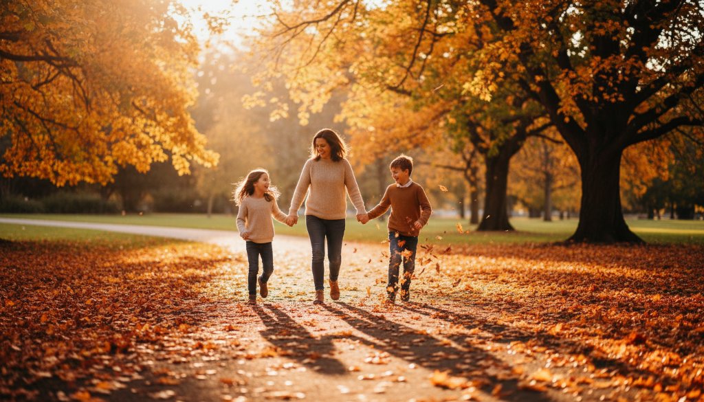 An epic moment of heartfelt family photography Ringwood Victoria, featuring a family laughing joyfully while walking hand-in-hand through the autumn leaves at Ringwood Lake Park, bathed in golden hour sunlight, captured with professional depth and colour grading.