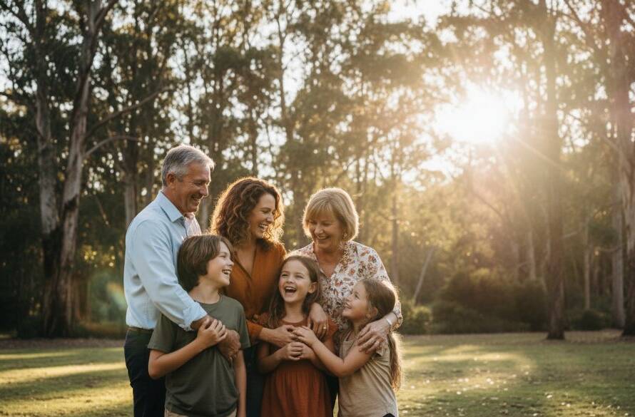 An epic, emotionally resonant photograph of a family laughing joyously together at golden hour in Upper Ferntree Gully Park, perfectly encapsulating heartfelt family photography in Upper Ferntree Gully Park with dramatic backlighting.